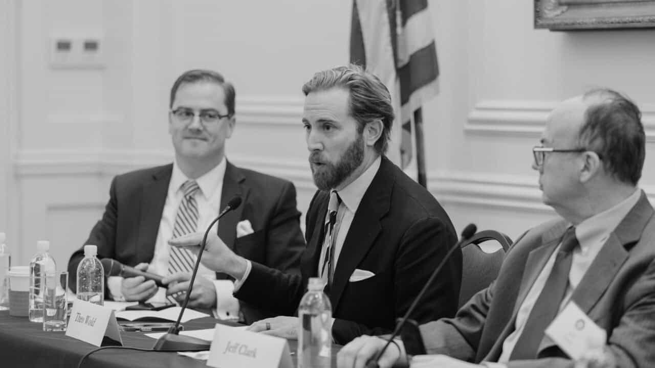 Theo Wold, former Idaho solicitor general, speaks on a panel at a Claremont Institute event
